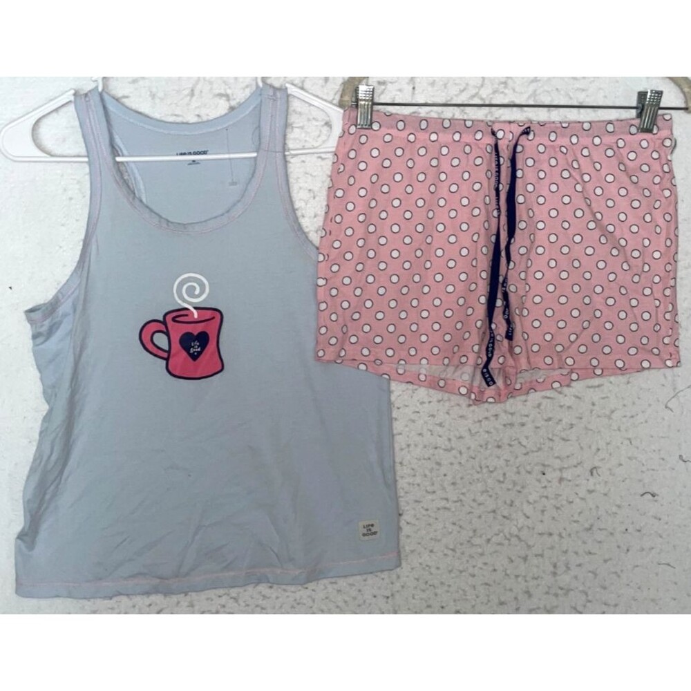 LIFE IS GOOD Coffee Cup 2Pc Pajama Set Womens sz S Polka Dot shorts tank top NEW
